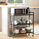 3-Tier Metal Storage Rack with Industrial Wheels,Mesh Shelving Unit with Wooden Table top,Adjustable Shelf,31.5-Inch Width, for Kitchen, Laundry,Pantry,Plant,Black