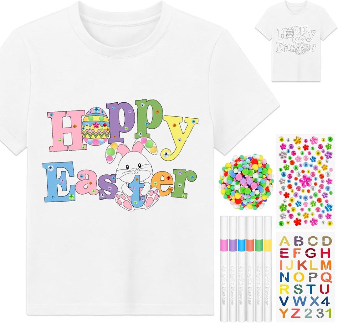 Cinrobiye Easter DIY Shirt Kit Happy Easter Craft T Shirt with Pom Poms Balls Make Your Own Easter Clothing for Girls and Boys Classroom Art Project Creative Costume Party Activity (White1, 7-10)