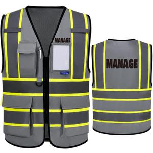 AYKRM Security Vest for Men Women 7 Pockets High Visibility Reflective Safety Vest Front Zipper Meets ANSI/ISEA (Gray, XXXL)
