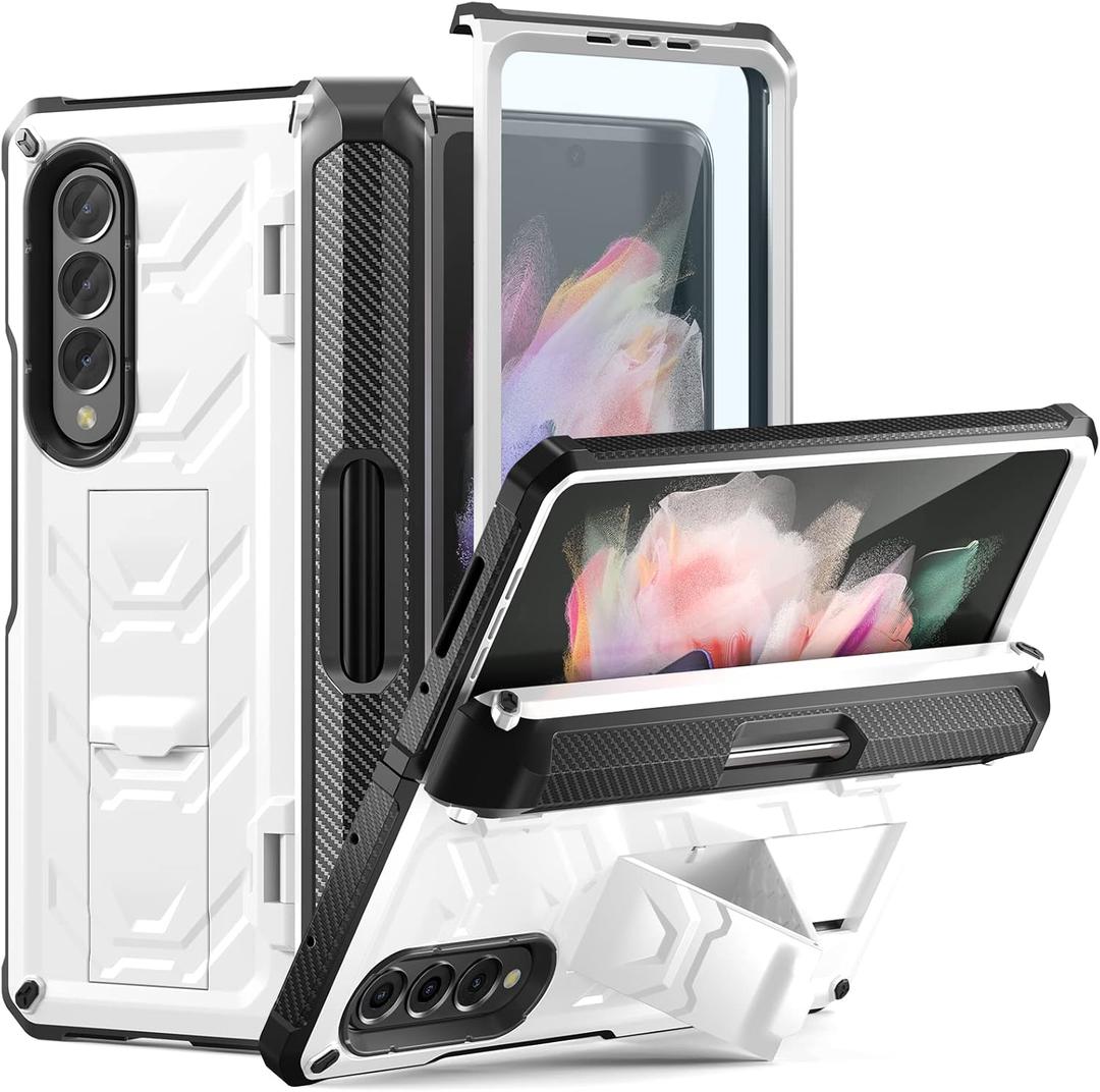 Rugged Case Armor for Samsung-Galaxy-Z-Fold-3 w/Built-in [Kickstand] [S Pen Holder] [Screen Protector] [Hinge Protection], Heavy Duty Shockproof Protective Cover, NOT FIT Z Fold 4/2 (White)