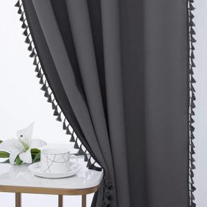 WONTEX Pom Pom Blackout Curtains for Bedroom and Living Room, 52 x 63 Inch Long, Dark Grey  Thermal Insulated/Privacy Protection Grommet Curtain Panel, Window Curtains Set of 2