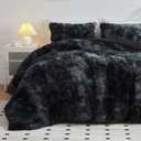 Wajade Faux Fur Plush Black Comforter Set Fluffy Fuzzy Shaggy Bedding Set - 3PC King Size Microfiber Soft Warm Quilt Set