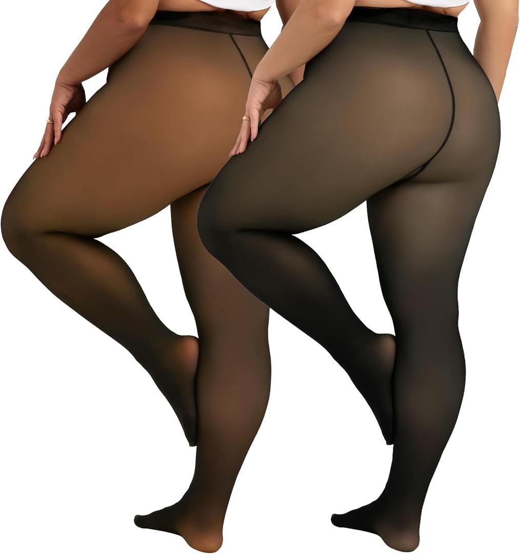 2 Pairs Plus Size Fleece Lined Tights Womens- Winter Warm Fake Translucent Thermal Pantyhose leggings (3X-Large-4X-Large Plus Tall, Black+brown)