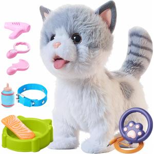 OR OR TU Walking Toy Cat with Remote Control Leash, Plush Cat Electronic Interactive Toys for Kids, Shake Tail, Licking, Pretend Dress Up Realistic Stuffed Animal Cat Age 3 4 5 6+ Years Old Best Gift