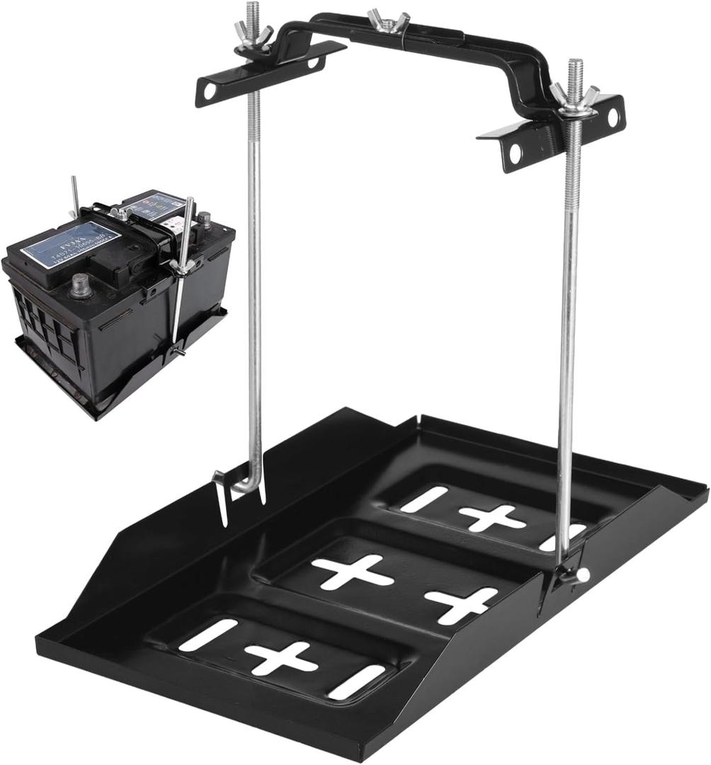 Battery Hold Down Tray Kit, Universal Battery Storage Holder, Metal Battery Tray with Adjustable Bracket Clamp, Rectangular Battery Tray for Cars, Boats