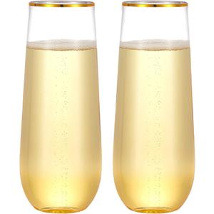 N9R 24PCS Plastic Champagne Flutes, 9 Oz Stemless Disposable Gold Rim Toasting Glasses, Crystal Clear Cocktail Cups Drinkware Shatterproof Ideal for Party Wedding Birthday