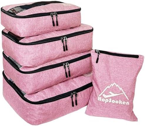 Hopsooken 5 Set Packing Cubes for Travel Large Suitcase Luggage Organizer Bags Travel Accessories Vacation 4 Cubes 1 Laundry Pouch Bag, Pink
