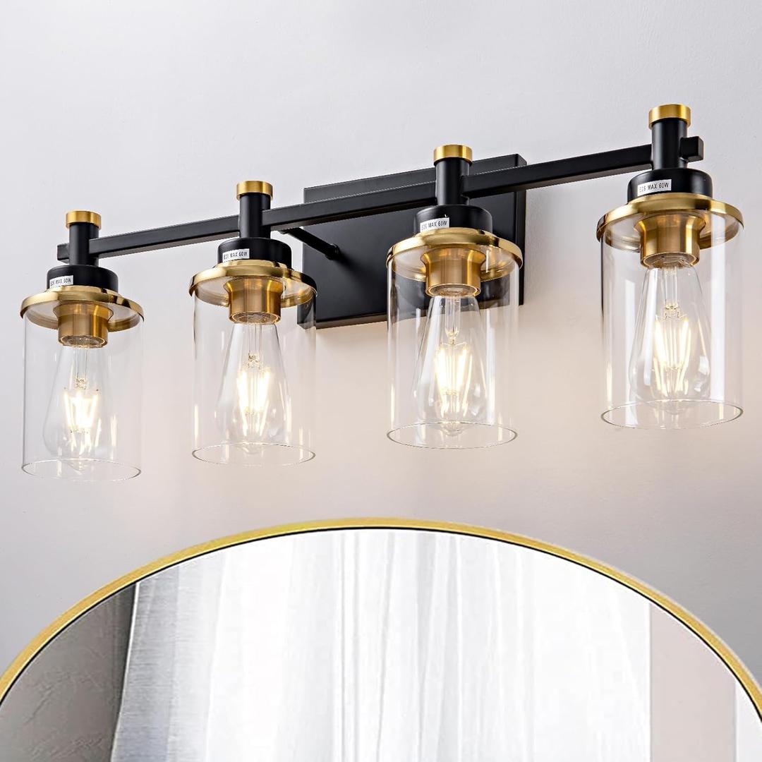 Modern Black & Gold Vanity Lights - 4 Light for Bathroom Over Mirror, Vintage Sconce with Clear Glass Shade