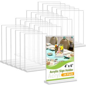 Dynta 24 Pack Acrylic Sign Holder 4x6 Picture Frame Double Sided T Shape Vertical Flyer Menu Holder Clear Table Stands for Display Restaurant Office Home Wedding