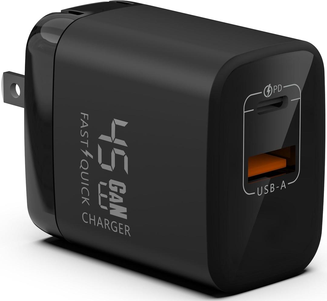 Fast 45W Dual USB-C Plus USB-A Charger - GaN Power Delivery - Fast Compact Power Adapter for Laptops, Smart Phones, Tablets and Thousands of Other Devices (Black, 45W)