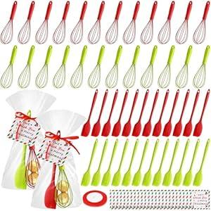LemonRoad 24 Sets Christmas Whisks Gifts Bulk: Mini Silicone Whisks Small Rubber Spatulas Greeting Cards Ribbons Plastic Bags for Cooking Kitchen Supplies Stocking Stuffers Ideas (Red and Green)