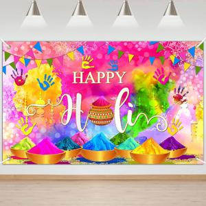 Mocsicka Happy Holi Backdrop Banner India Festival of Colors Photography Background Indian Colorful Graffiti Party Decor Photo Booth Props (70.8"L x 43.3"W)