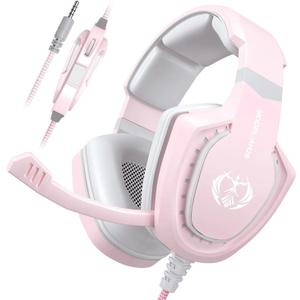 Pink Gaming Headset with Mic for Girls Women, Stereo Surround Sound Wired Over-Ear Headphones with Microphone, Bass, Compatible with PC Mac Computer PS5 Xbox PS4 Laptop