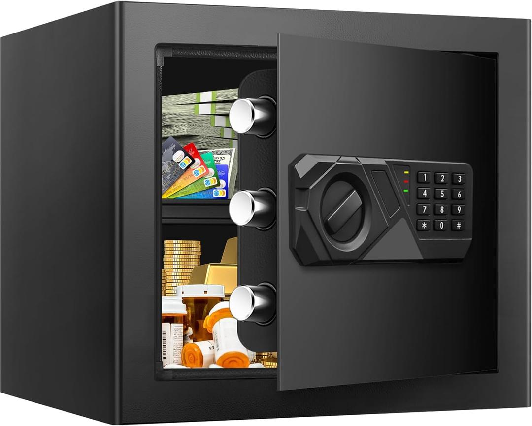 1.6 Cub Small Safes for Home Use, Digital Security Home Safe Box with Programmable Keypad, Spare Keys and Alarm System, Anti-Theft Lock Box Personal Safe for Money Medicines Valuables