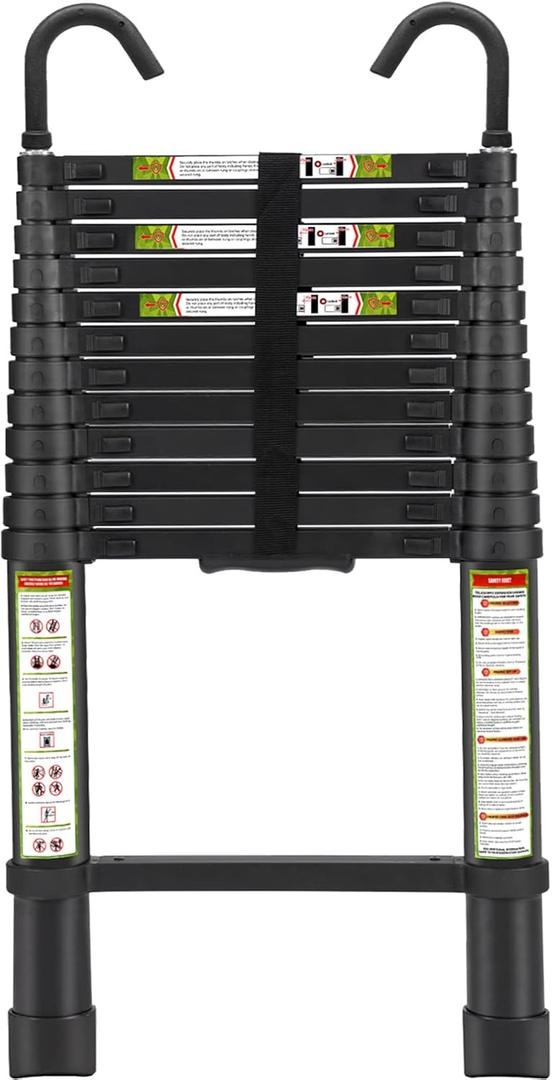RIKADE Telescopic Ladder, 12.5 ft Aluminum Telescoping Ladder with Non-Slip Feet and Stable Hook, Portable Extension Ladder for Household and Outdoor Working, Max Load 330 lb, Black