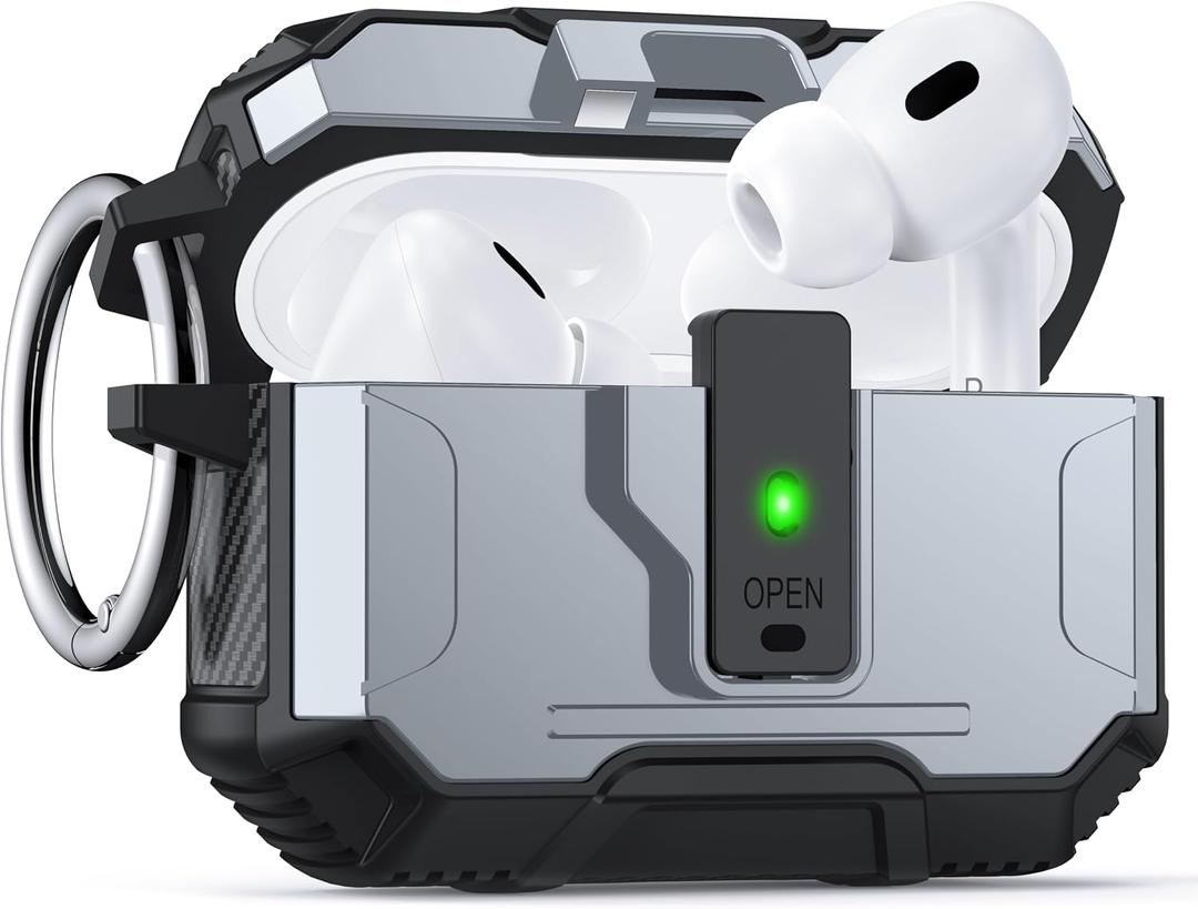 for AirPods Pro 2 Case Cover [Safety Lock] [Magnetic One-Click Open] [Military Shockproof Armor] Double Rugged Outdoor Wireless Charging Case for AirPods Pro 2nd Generation with Keychain, Silver