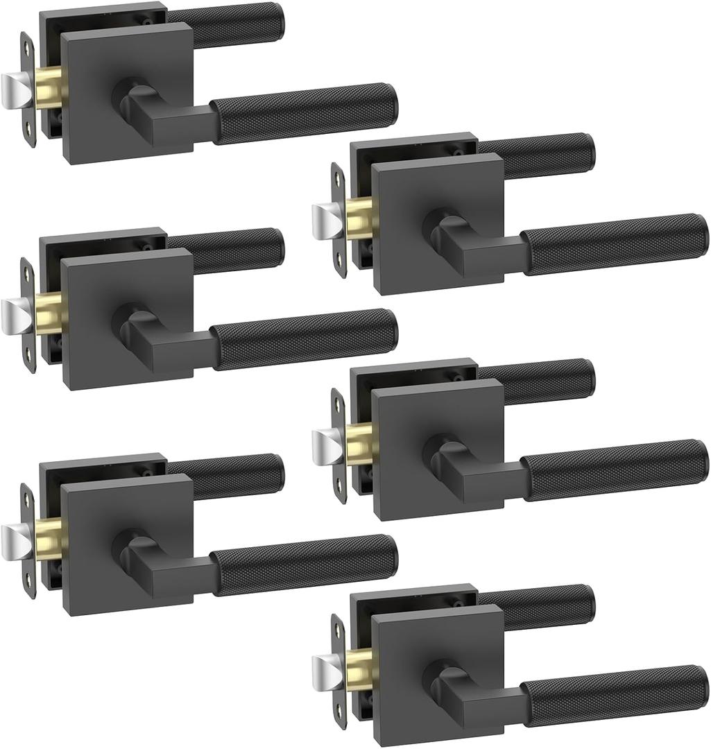 FILTA 6 Pack Matte Black Passage Door Handles, Knurled Door Levers Interior Matte Black Door Lever Bathroom Door Knobs Heavy Duty Square Door Lock