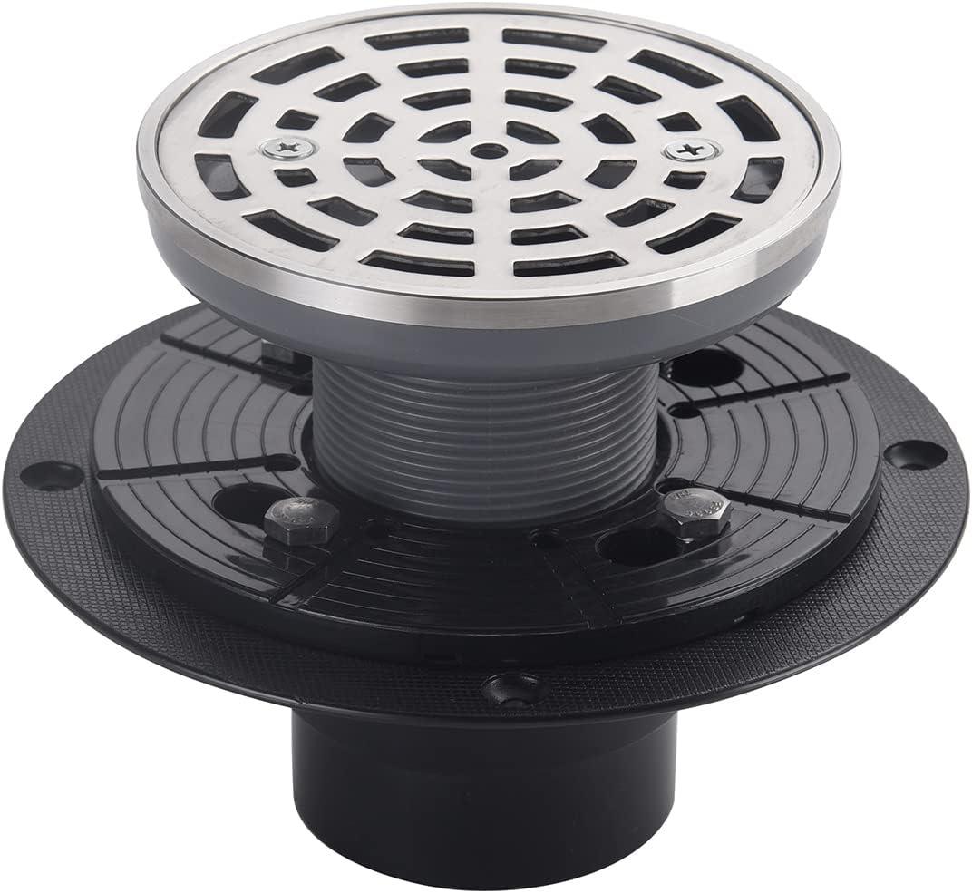 4 1/4" Shower Drain Round Brushed Nickel, Removable Grille Strainer Screws in Drain Cover, Base with Adjustable Drain Flange Kit PVC, SUS304 Stainless Steel
