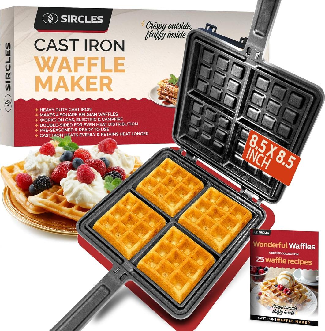 Sircles Cast Iron Waffle Maker - Makes 4 Square Belgian Waffles - Non Electric - Heavy Duty - Belgian Waffle Maker - 8.5 inch Square Waffles - E-book recipes