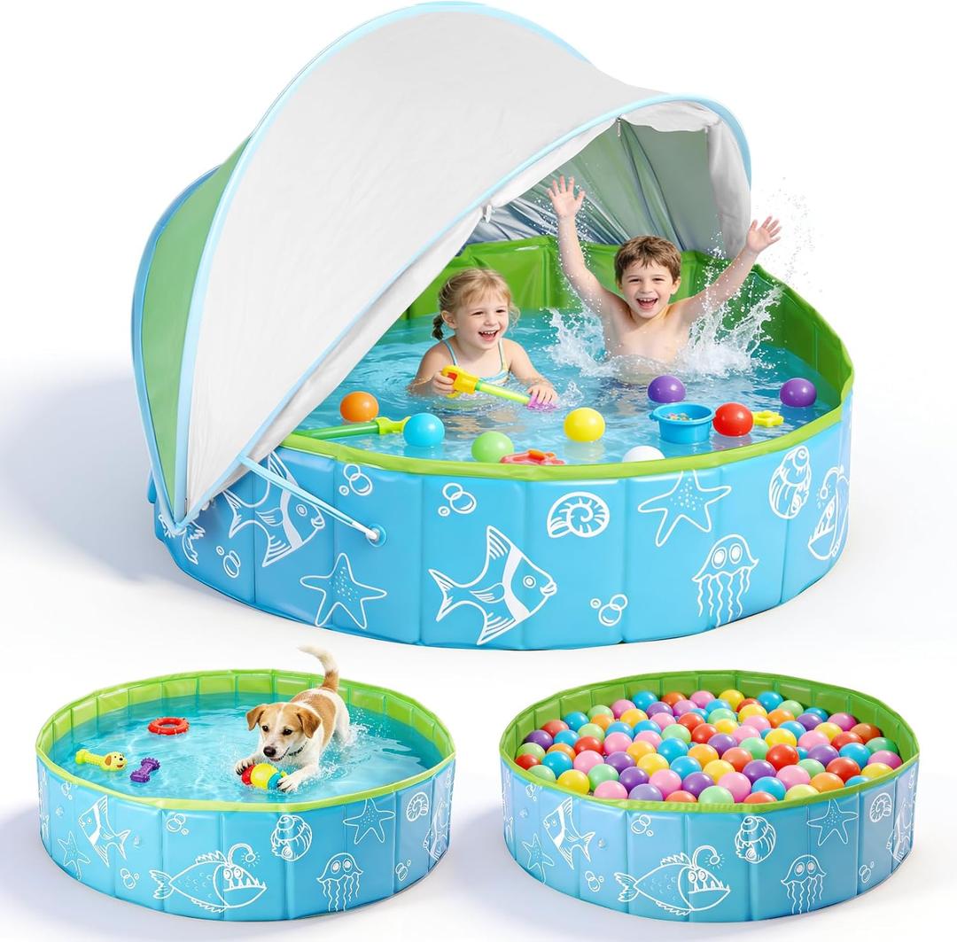 47.3" Foldable Baby Pool with Canopy, Hard Plastic Pool Suitable for Kids Toddler Kiddie, Designed for Use in Backyard, Beach, Park, Blue and Green(No Sprayer)