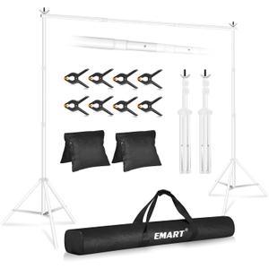 EMART Backdrop Stand 10x7ft(WxH) Photo Studio Adjustable Background Stand Support kit with 2 Crossbars, 8 Clamps, 2 Sandbags and Carry Bag for Parties, Events Decoration, Wedding, Photography -White (10x7ft, White)