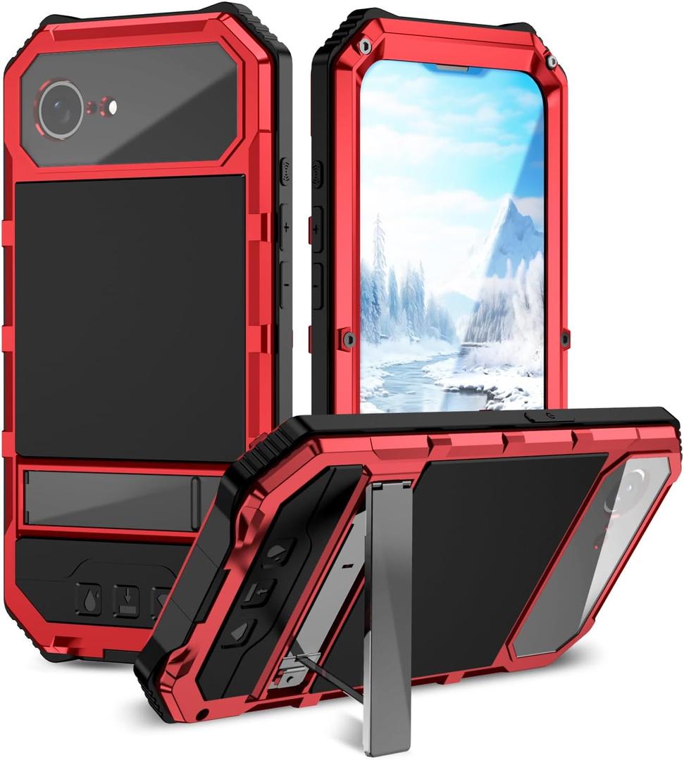 Compatible for iPhone 16E Case with Camera Cover+Screen Protector+Kickstand,Outdoor Aluminum Metal Gorilla Glass Shockproof Military Heavy Duty Sturdy Protector Case (Red)