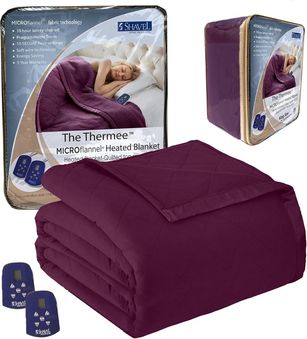 Thermee Micro Flannel Heated Blanket, King Size, 10 Settings, Rapid Heating, Luxuriously Soft, Burgundy