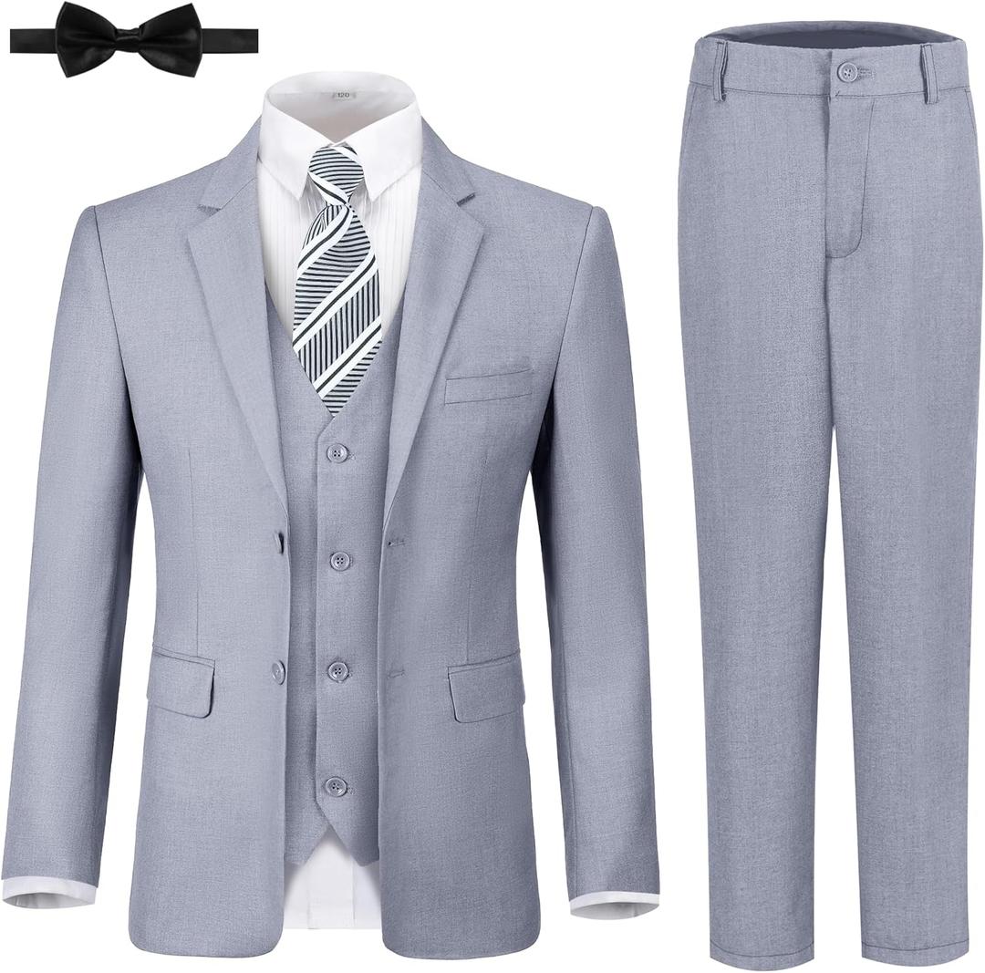JPF Boy's Formal Suit Set Slim Fit Kids Tuxedo Suits for Wedding Teen Toddler Boy Dress Suit Outfit (14, 6pc Light Grey)