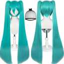 JoneTing 120CM/47inches Green Wigs+Hair Cap Long Greenish Wig with 2 Ponytails for Women Long Straight Green Wigs with Bangs for Cosplay Wig Synthetic Hair for Halloween Christmas Party