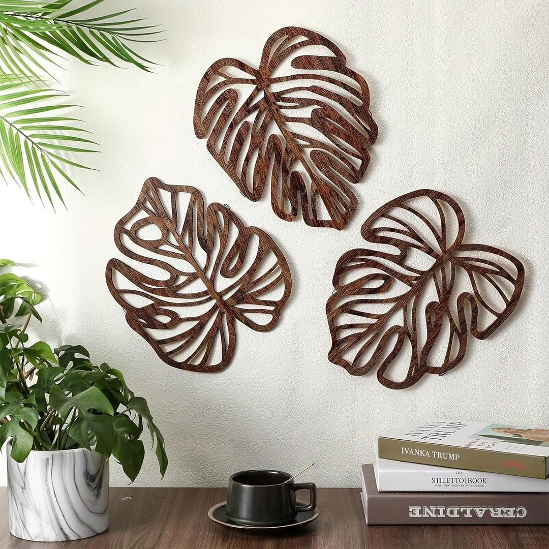 Palm Leaves Wood Wall Decor , 3Pcs Tropical Wall Art Jungle Decor, Wooden Natural Leaves Plant Wall Decor, Vintage Tropical Plant Plaque for Home Living Room Kitchen Bedroom Bathroom & Garden, Brown