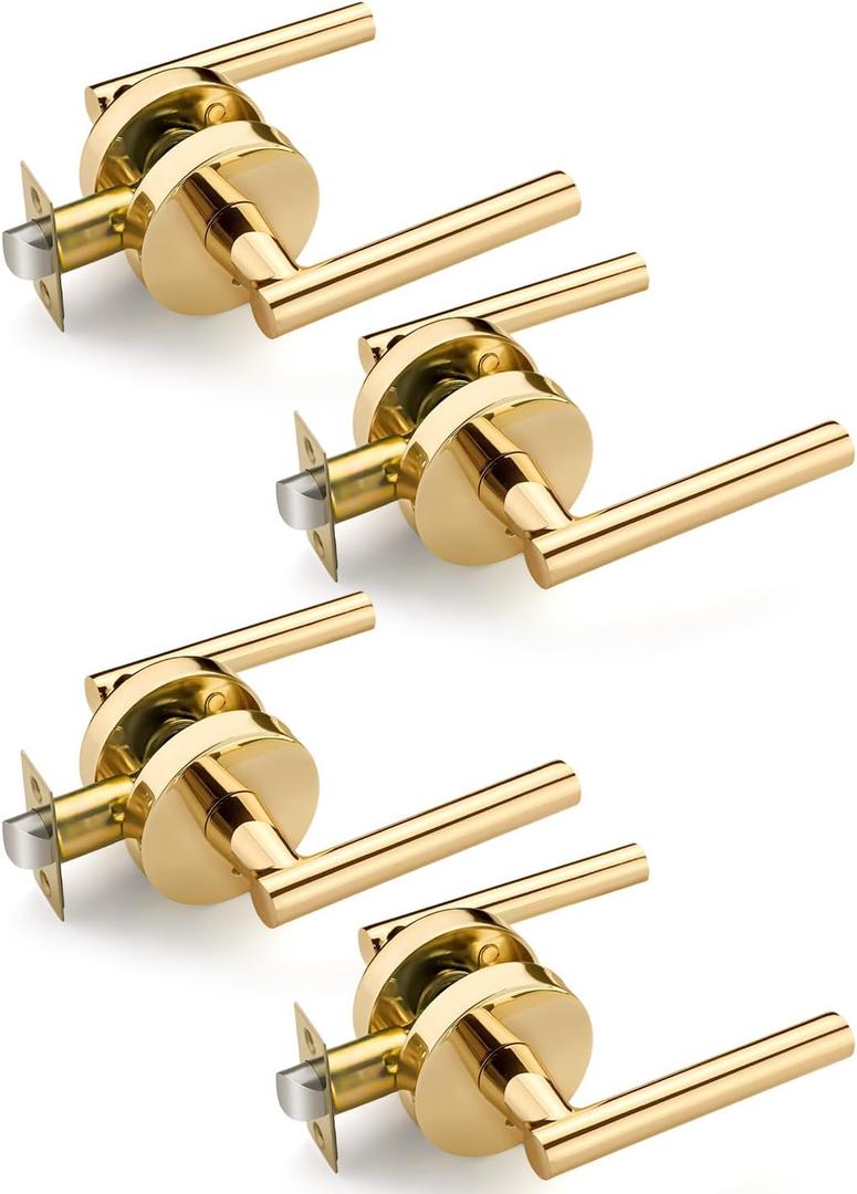 4 Pack Gold Door Knobs Interior, Polished Brass Privacy Door Handles, Keyless Bedroom Door Knobs, Bathroom Door Handle, Reversible Door Lever for Left/Right Side Door, Modern Round Design