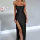 Memoriesea Women's Sexy Spaghetti Strap Bodycon Cowl Neck Party Cocktail Maxi Dress (Black, L)