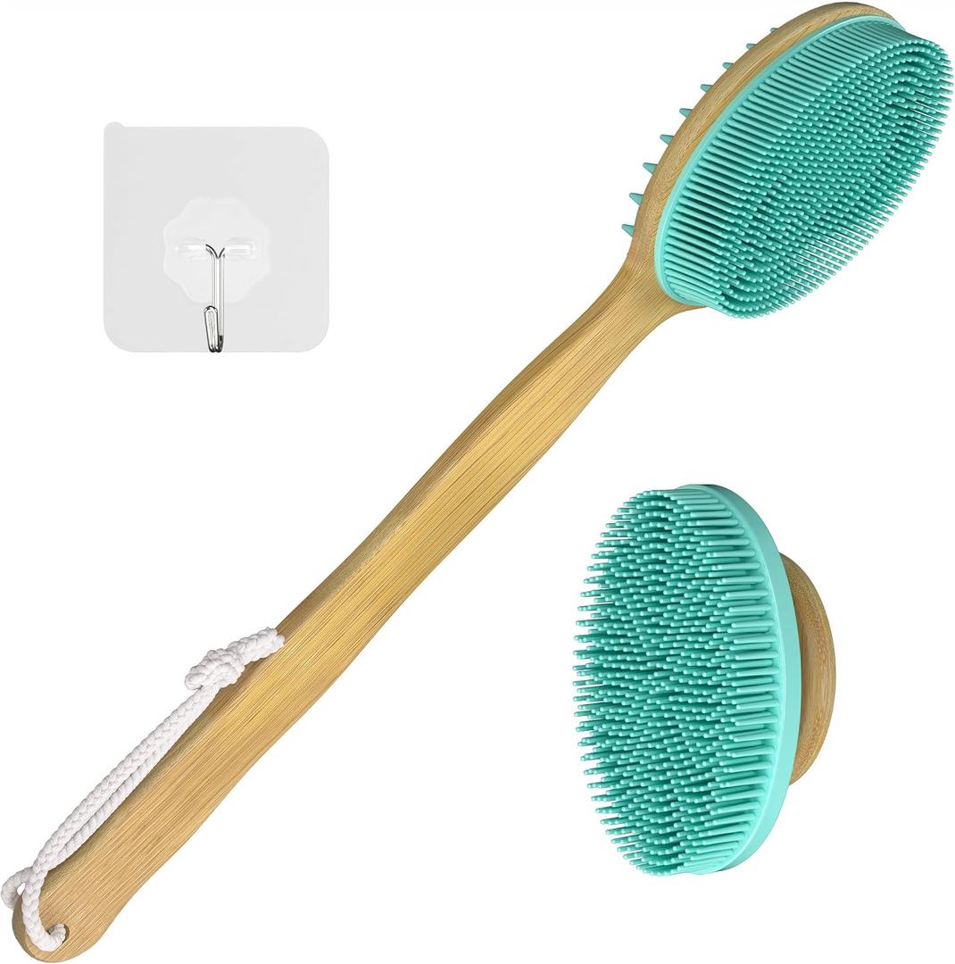 READAEER Silicone Back Scrubber with Long Handle Bamboo, 15.7in Lengthen Long Handle Body Brush for Shower, Double Sided Silicone Head for Back Cleaning and Massage, with a Hook