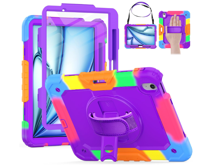 HXCASEAC Shockproof Case for iPad Air 11 inch M3 M2 (2025 2024), Full Body Protective with Pencil Holder, Builtin Screen Protector, Rotating Stand, Hand Strap, for iPad Air 11 Hard Case (Purple)