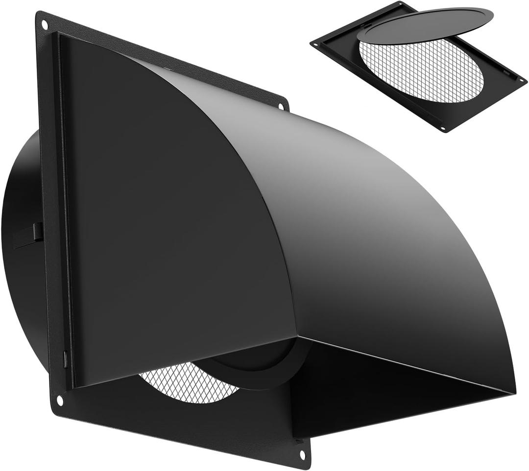 4 Inch Metal Dryer Vent Cover Outside, Heavy Duty Iron Exhaust Hood with Internal Damper, Detachable Cover & Fixed Mesh Screen for Dryer, Kitchen, HVAC, Black