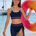 Teen Girls Swimsuit Color Block Sporty Bikini Sets with Cover Up Skirt 3 Piece Bathing Suit Size 7-8 Years (Blue)