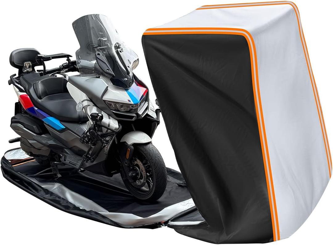 Full Enclosed Motorcycle Cover Waterproof Outdoor/Indoor Storage Waterproof Motorcycle Cover Heavy Duty with Reflective Strips Fits Scooter/Touring Motorcycles Length up to 108"Black+Sliver