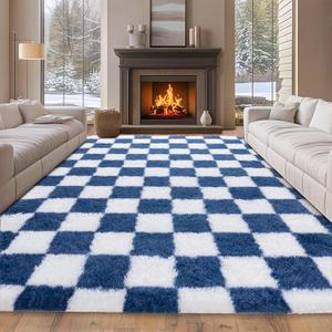 8x10 Checkered Area Rugs for Living Room Bedroom, Blue and Yellow Shag Fluffy Rug for Kids Room,Soft Non Slip Carpets Home Decor Aesthetic, Blue and White
