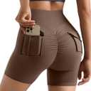 MOOSLOVER Women Workout Biker Shorts with Pockets High Waisted V Cross Shorts Scrunch Butt Yoga Gym Booty Shorts (Brown, L)
