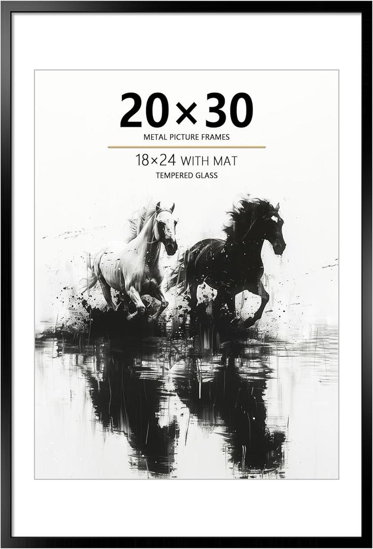 20x30 Metal Poster Frame - 20 x 30 Aluminum Picture Frame with Mat for 18x24 Photo, Tempered Glass Cover, Black Wall Hanging Photo Frame for Home Dcor
