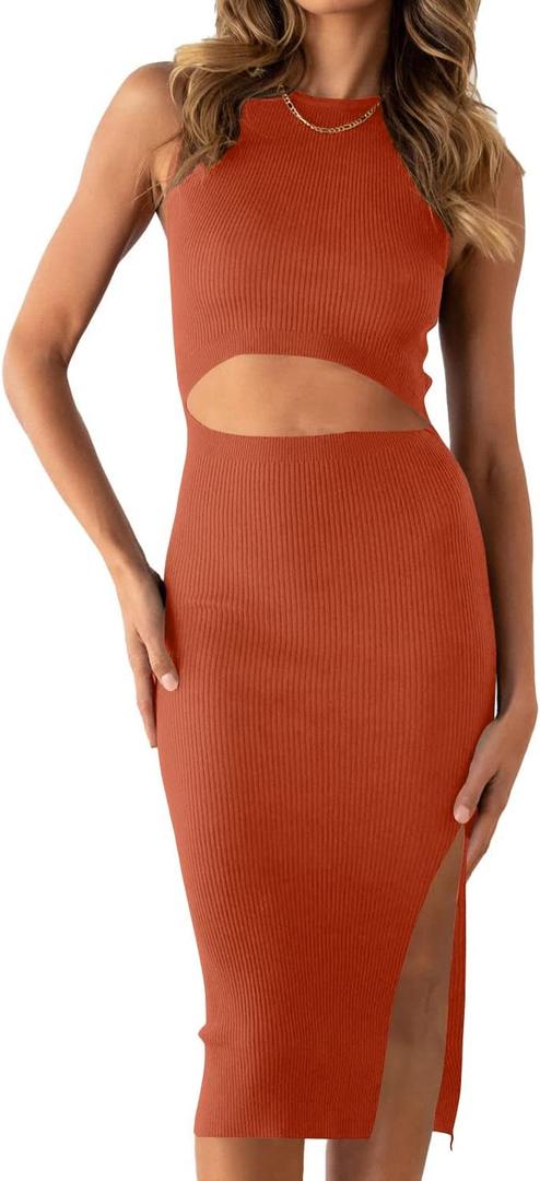 PRETTYGARDEN Women's Summer Midi Bodycon Dresses Casual Crew Neck Side Slit Sleeveless Knit Cut Out Tank Top Dress (S)