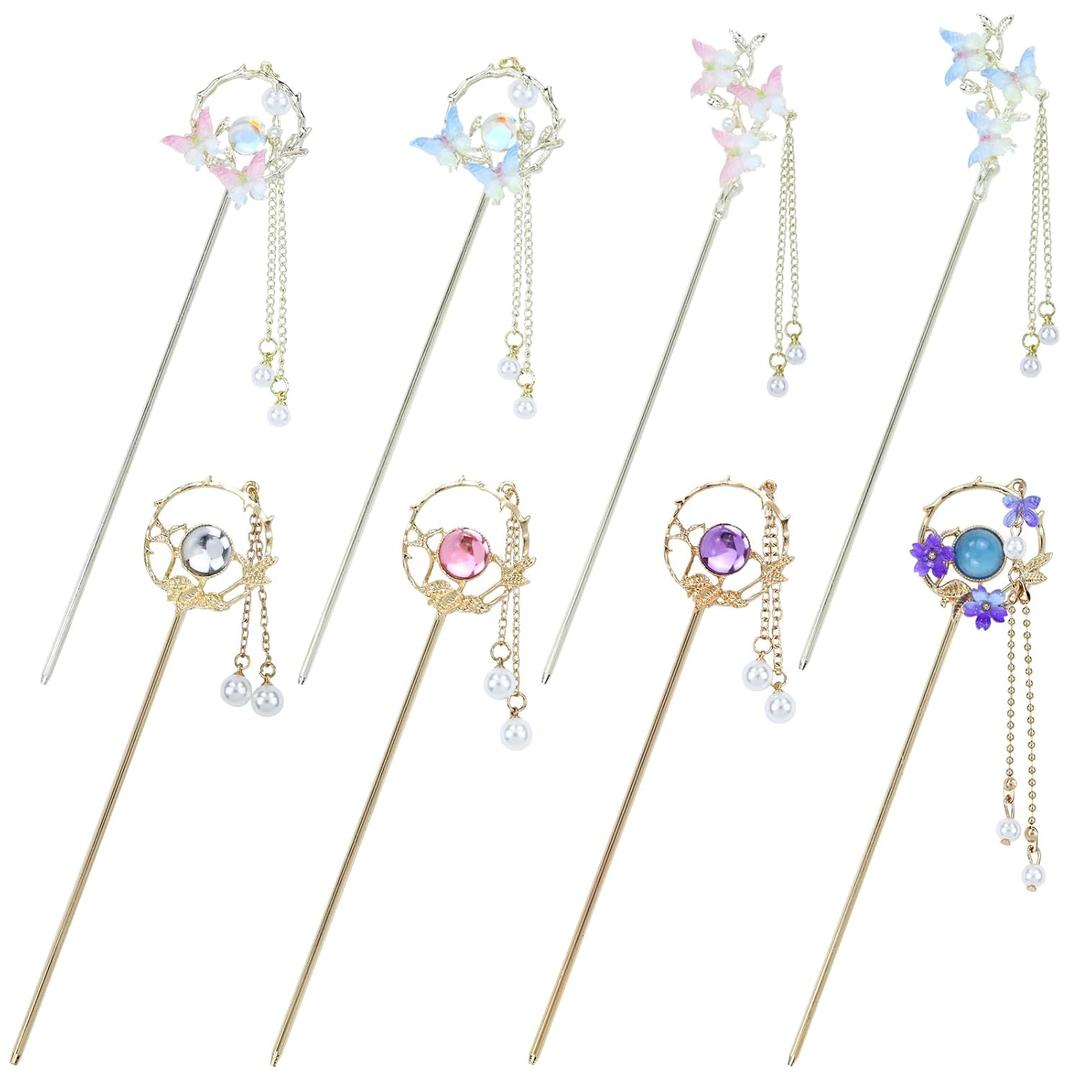 inSowni 8 Pieces Retro Asian Chinese Traditional Hanfu Butterfly Flower Metal Hair Sticks with Pearl Pendants Long Hair Pins Forks Chopsticks Bun Updo Holders for Women Girls