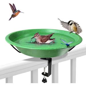 Bird Bath Deck Mounted Bowl 12 Inch Metal Bird Baths with Adjustable Sturdy Metal Clamp for Deck Railing Balcony Bird Feeder for Garden Yard and Lawn Decoration-Green