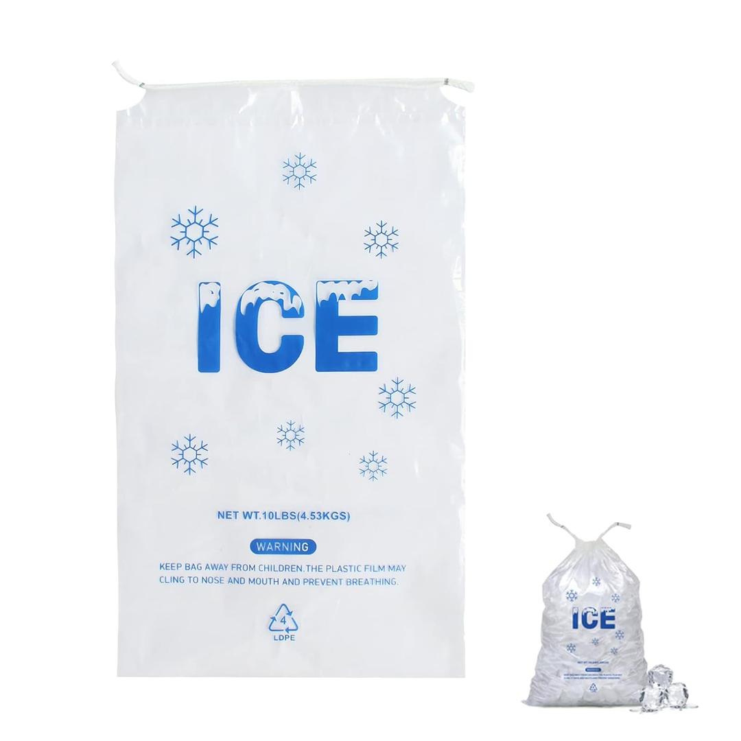 100 PACK 10 lb. Plastic Ice Bags with Cotton Draw String 12 x 21 Inch Heavy-Duty Plastic Ice Storage Bags with Draw String (2mil Thickness)