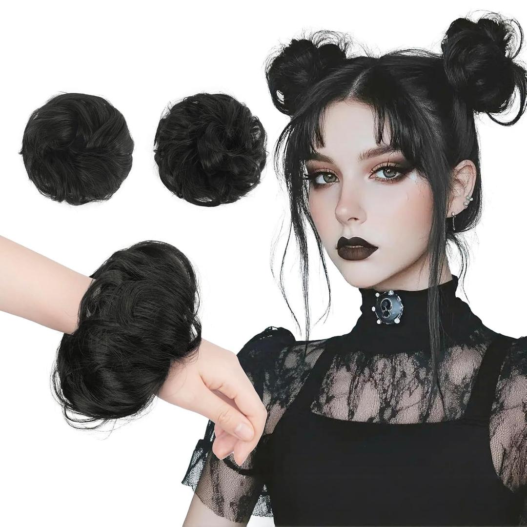 FESHFEN 2PCs Small Messy Bun Hair Piece for Thin Hair Women Girl Mini Synthetic Elastic Wavy Space-bun Scrunchies Updo Hairpieces, Black