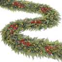 Timer & 50 LED - 9 Ft by 12 Inch Prelit Christmas Garland with Lights, Lighted Christmas Cedar Garland Realistic Soft Thickness Cypress Garlands Xmas Fireplace Mantle Table Doorframe Indoor Outdoor