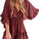 Valphsio Womens V Neck Beach Romper Ruffle Layered Drawstring Waisted Shorts Jumpsuit (Large, Bean Paste)