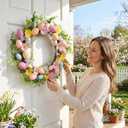 Pastel Easter Wreath for Front Door with Lights, 18 Inch Spring Floral Wreath with Colorful Eggs, Daisy & Eucalyptus Greenery, Farmhouse Easter Door Decor