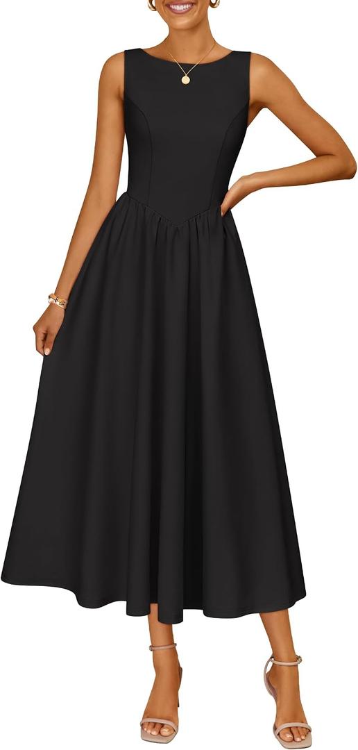 ZESICA Women's Spring Sleeveless Cocktail Dresses 2026 Summer Crewneck Flowy Wedding Guest Party A Line Midi Dress (M)
