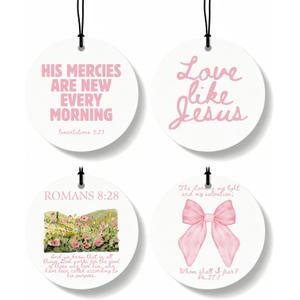 Pink Christian Car Air Freshener 4 Pcs, Coquette Pink Bow Bible Verse Religious Hanging Air Freshener for Cars Closet Drawer Books, Cute Christian Car Accessories Mirror Decor for Women